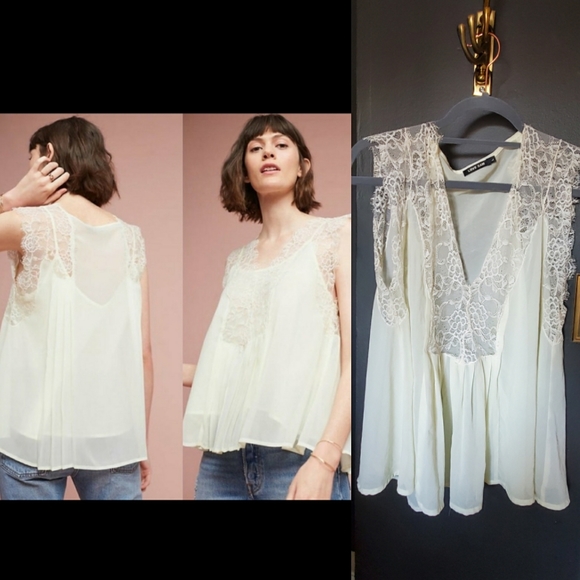 Love Sam Tops - Pastel Yellow Lace Sheer Blouse-Anthropologie-L